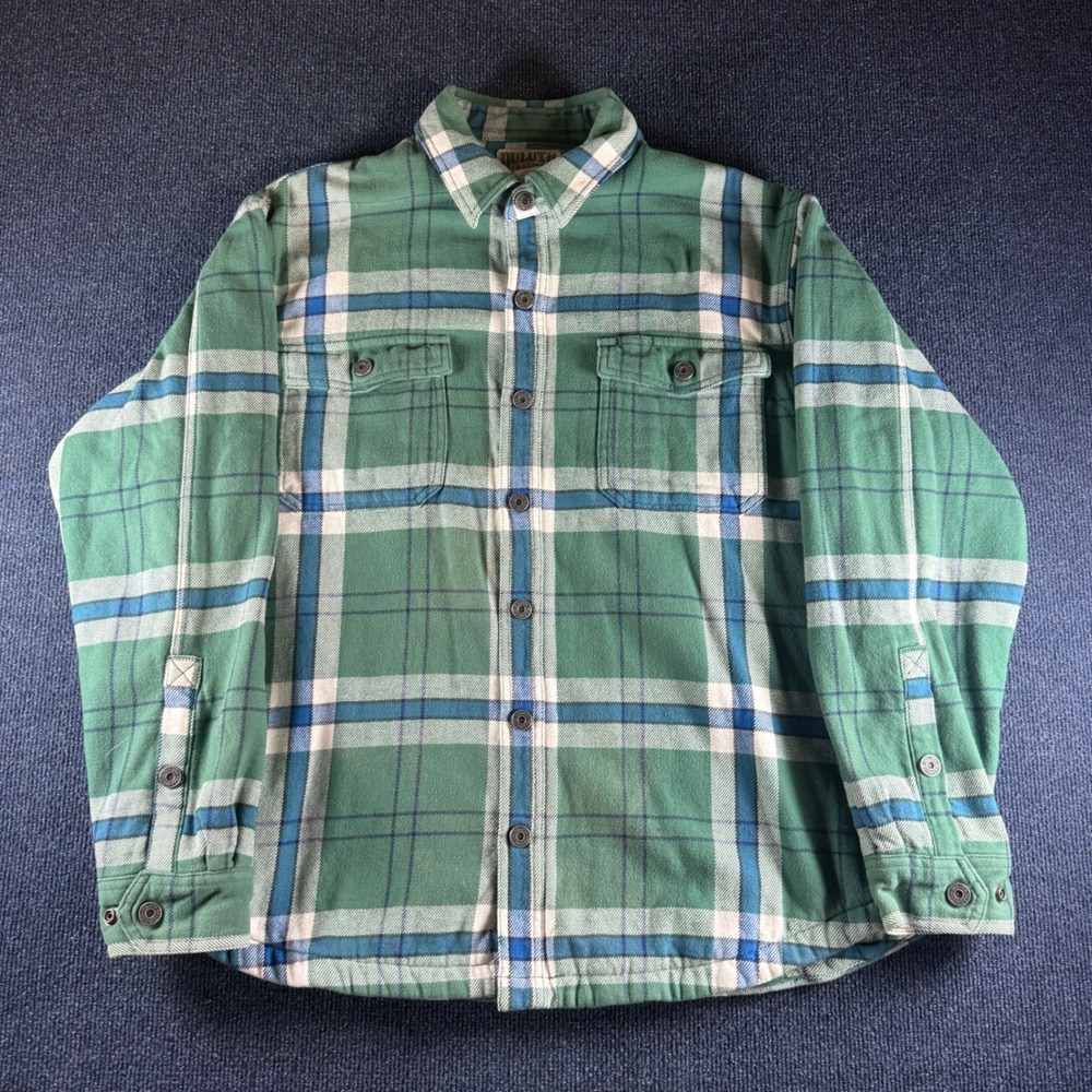 Duluth Trading Co Mens Large Green‎ Plaid Fleece Lined Flannel Shirt Jacket Snap
